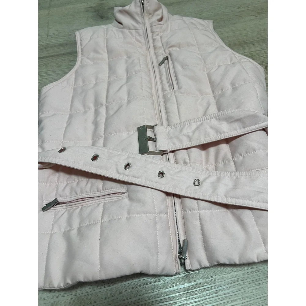 Lauren Ralph Lauren Quilted Belted Vest Pink Sleeveless Zip Front Pockets Womens